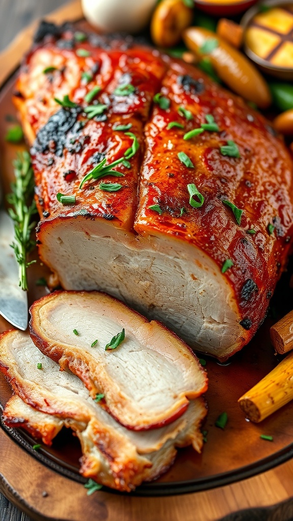 Sliced crispy roasted pork belly on a wooden platter with herbs and roasted vegetables.